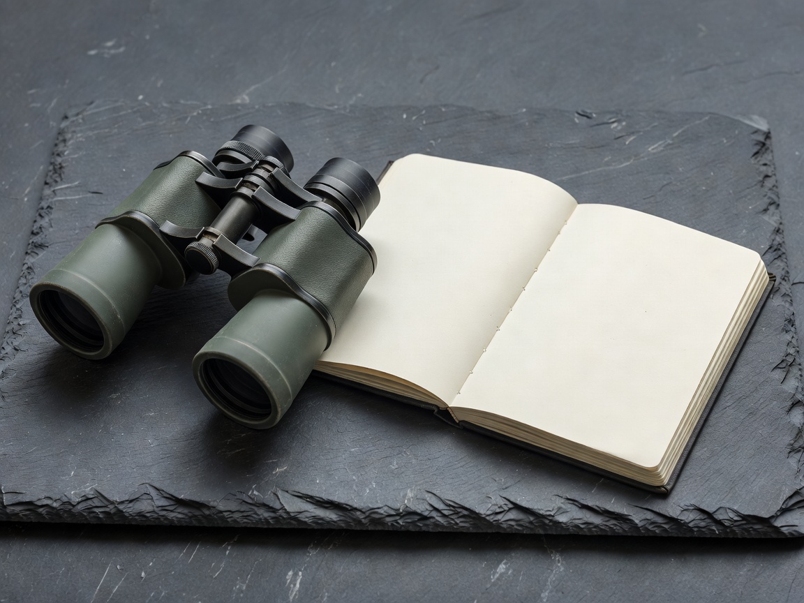 Soft-lit 3D binoculars and an open observation notebook on slate