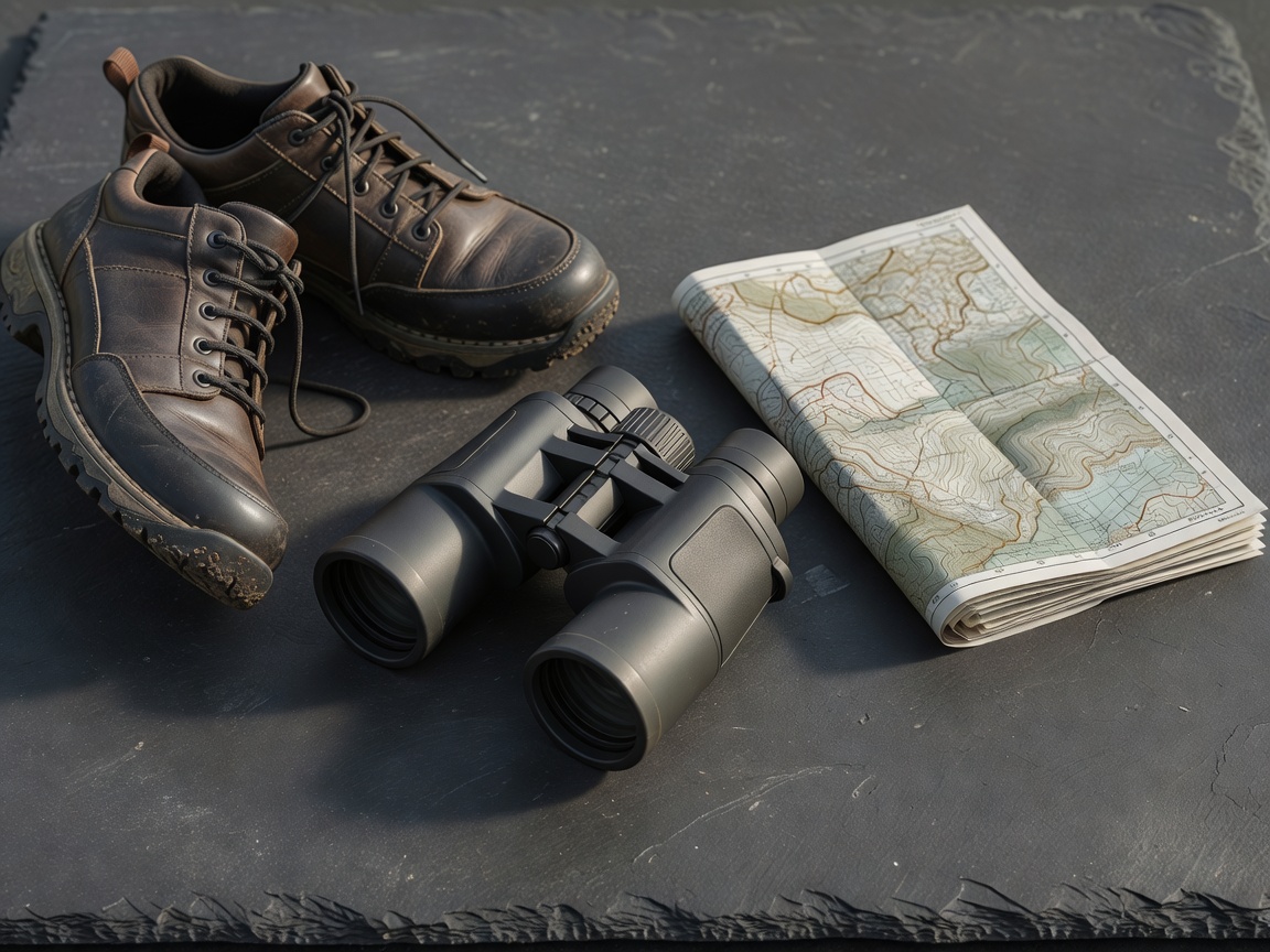 Soft-lit 3D binoculars, walking shoes and a folded unlabelled map on slate