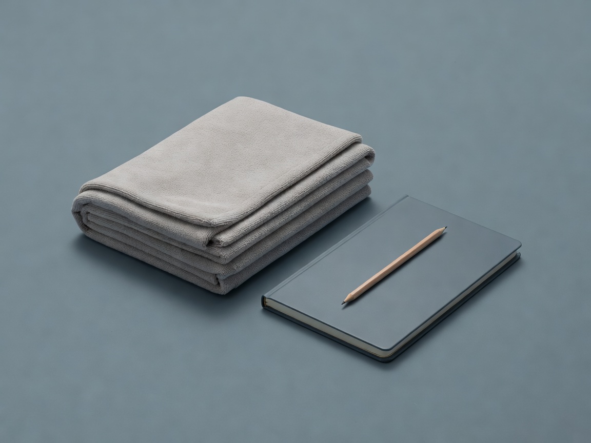 Soft-lit 3D folded blanket, notebook and pencil on a plain slate background