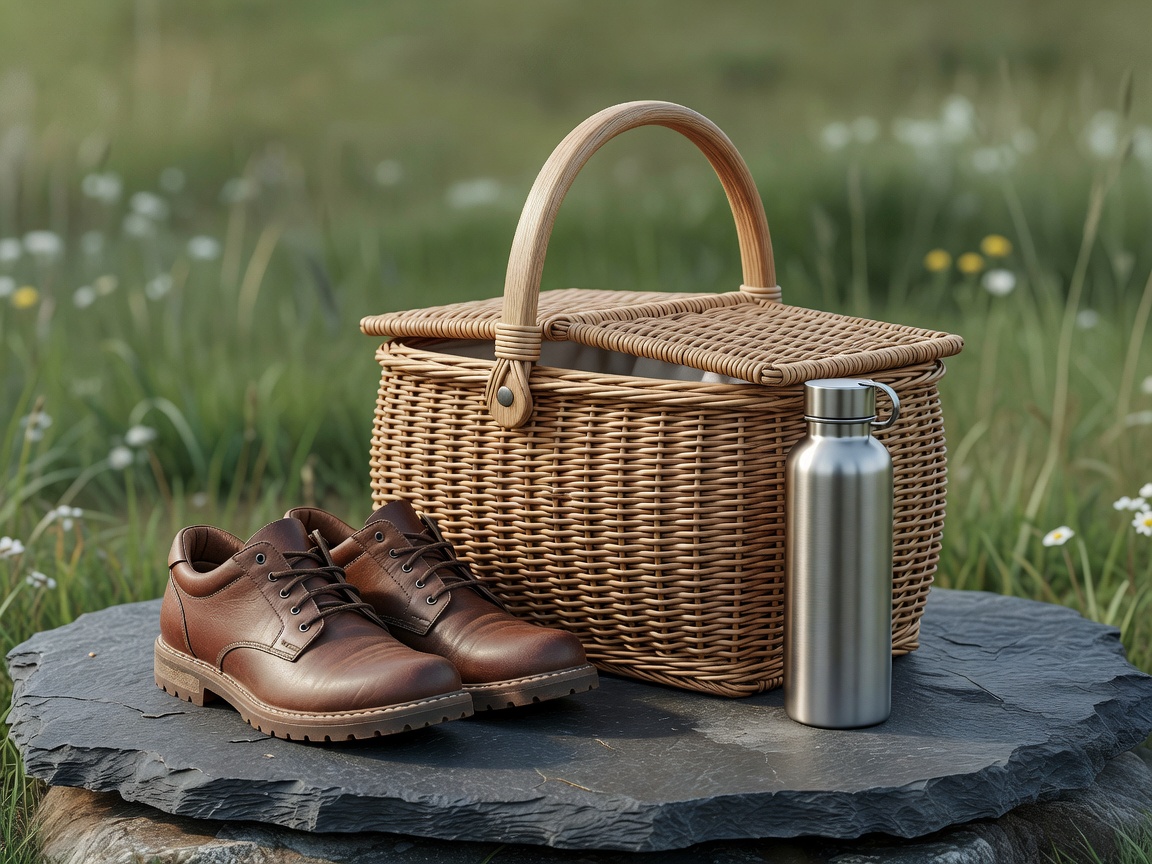 Soft-lit 3D picnic basket, walking shoes and reusable bottle grouped on slate