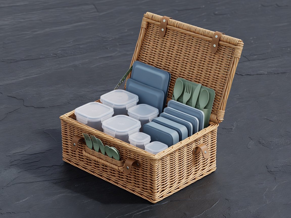 Soft-lit 3D open picnic basket with sealed containers, ice packs and reusable cutlery on slate