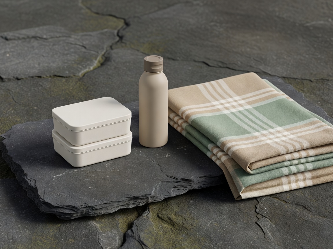 Soft-lit 3D reusable picnic containers, water bottle and folded blanket on slate