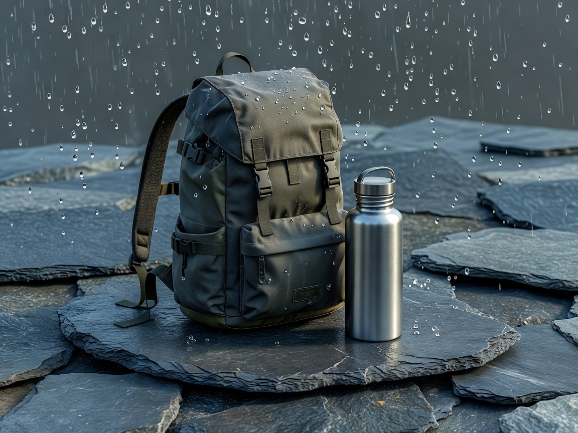 Soft-lit 3D rain layer, daypack and reusable water bottle arranged on slate