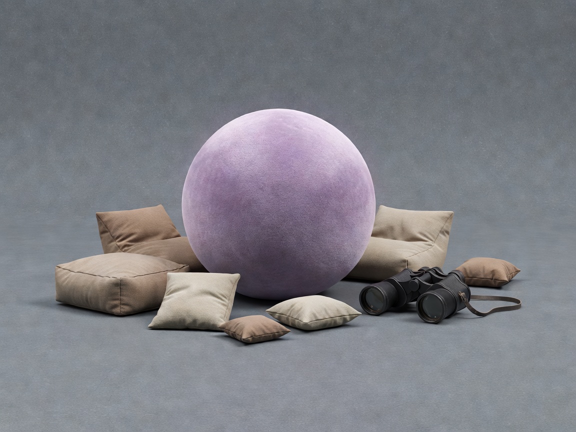 Soft-lit 3D soft ball, fabric beanbags and binoculars on a plain slate background