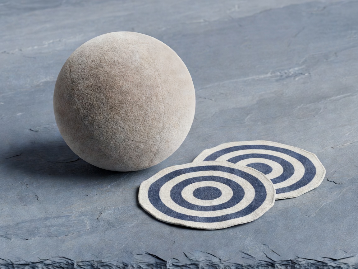 Soft-lit 3D soft ball beside two flat fabric targets on slate